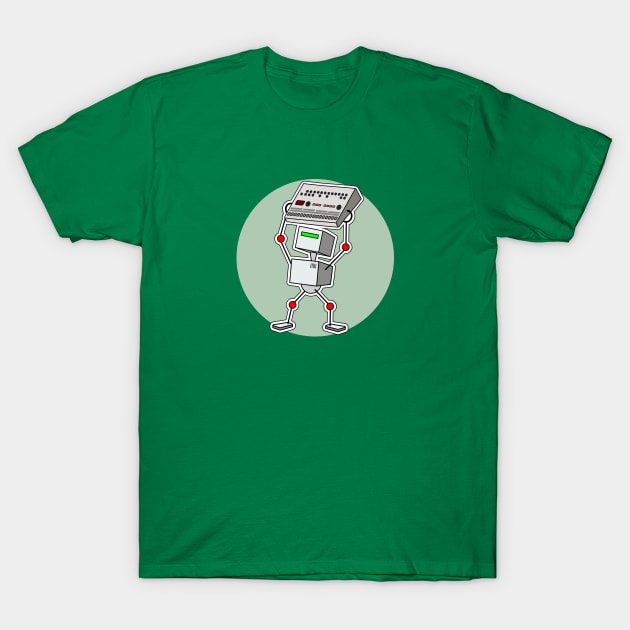 Robot Holding Drum Machine Green T-Shirt by Atomic Malibu